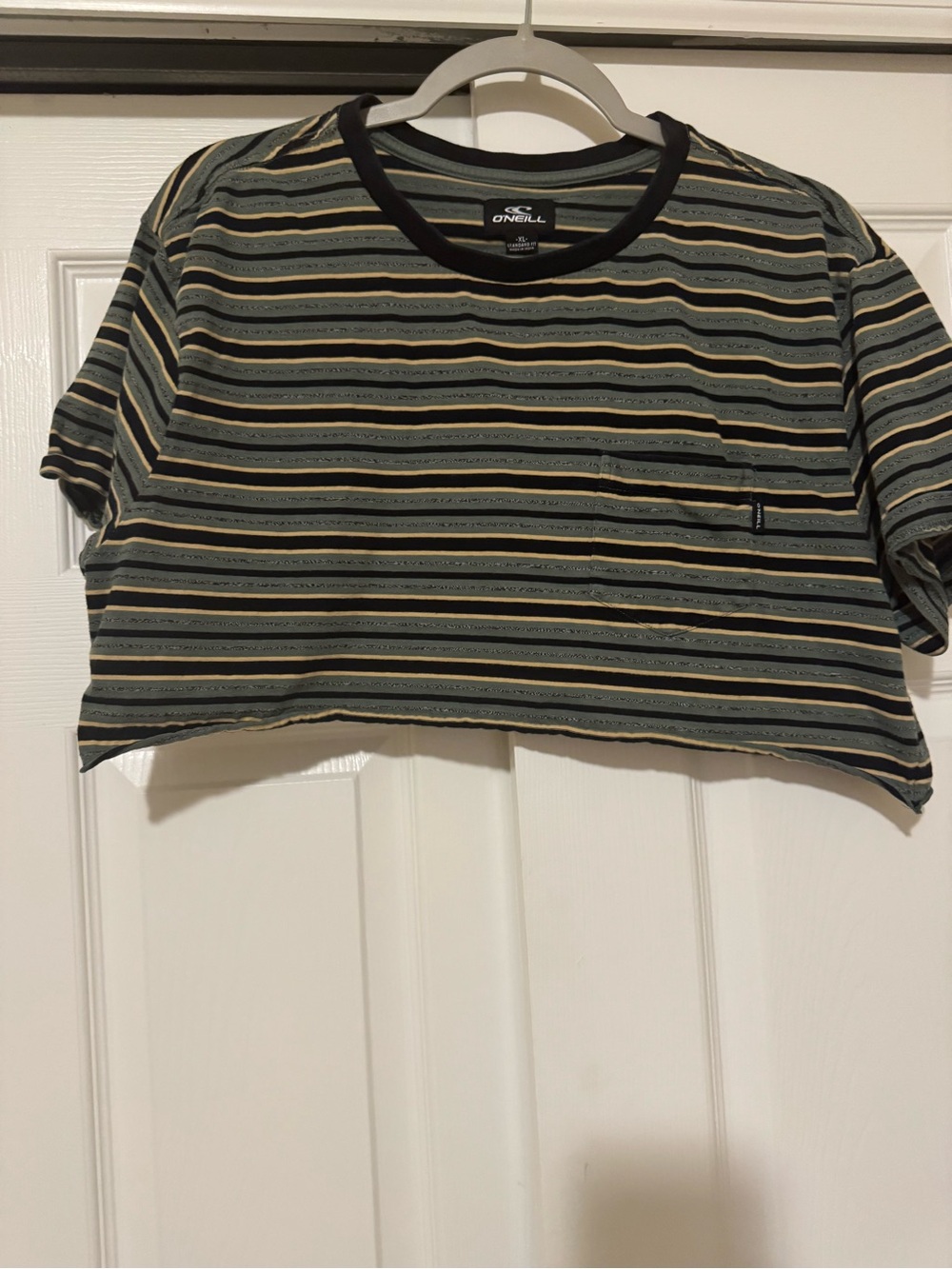 O'Neill Striped Cropped Tee in Green, Cream & Black
